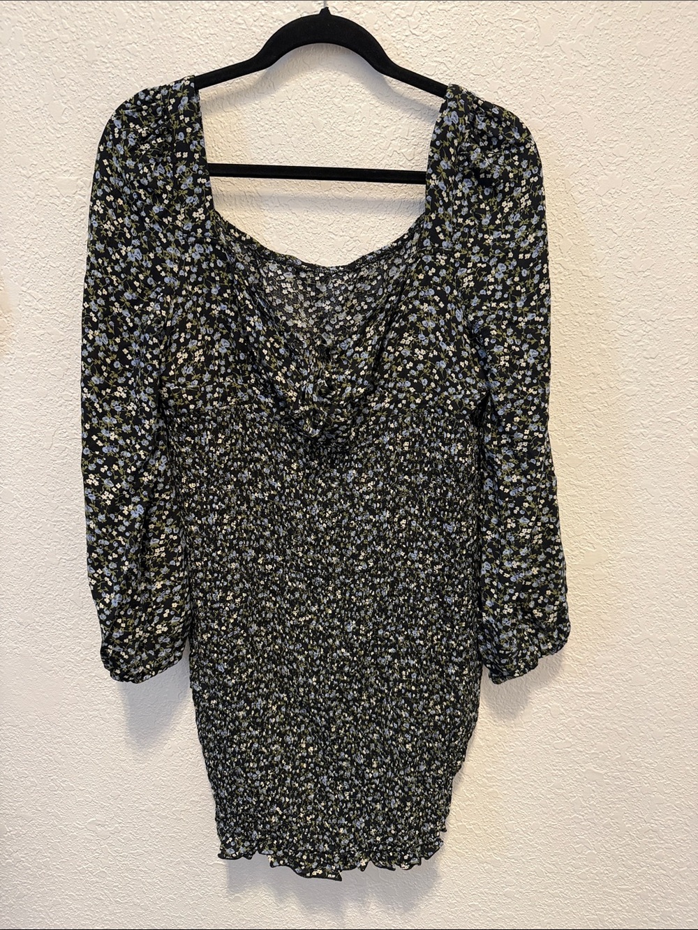 SHEIN Black Floral Smocked Mini Dress with Light Blue Blooms